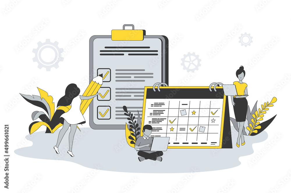 Fototapete planning and time management concept in flat line design. people schedule appointments on calendar, 