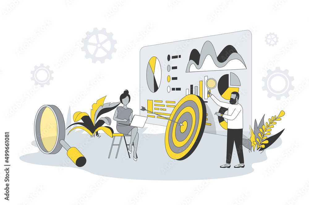 Poster seo optimization concept in flat line design. people analyze data, settings site for search engines,