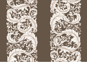 Decorative flowers and leaves in art nouveau style, vintage, old, retro style. Seamless pattern, background. Vector illustration.