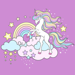 Obraz na płótnie Canvas Beautiful white unicorn with rainbow clouds and stars. Magical, fantastic animal. For children's design of prints, posters, postcards, stickers, banners, cards, etc. Vector