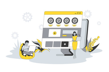 Web development concept in flat line design. People develop site layout, optimization, place blocks with content and buttons, work in team at studio. Vector illustration with outline scene for web