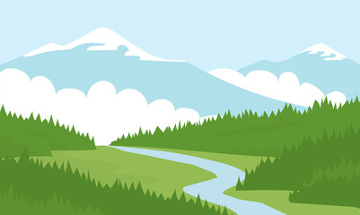 Summer landscape of nature. Panorama with green coniferous forests, fields, mountains and blue sky with clouds. Rural scener. Flat vector illustration