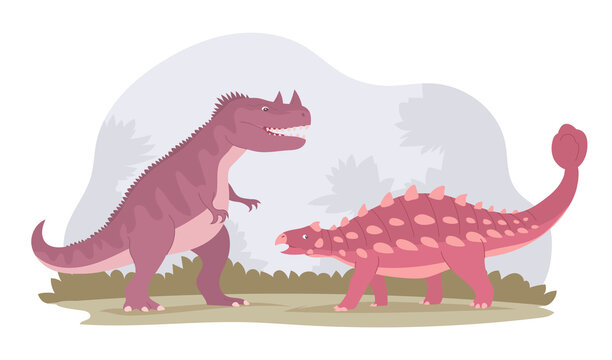 Fight of two dinosaurs. Predatory ceratosaurus against herbivorous ankylosaurus. Extinct animals of the Jurassic period. Ancient lizards. Vector cartoon illustration