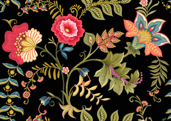 Fantasy flowers in retro, vintage, jacobean embroidery style. Seamless pattern, background. Vector illustration.
