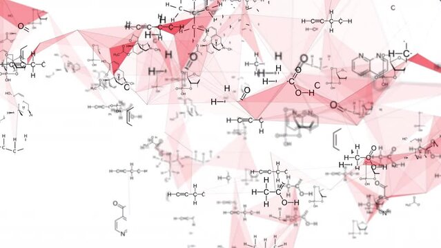Animation of structural chemical formulas on a white background in abstract digital space.