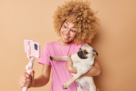 Love friendship between pet and owner. Positive curly blonde woman poses for selfie with pug dog use smartphone on stick make photo isolated over beige background. Girl has new member of family