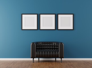 Blank picture frame mockup in modern interior living room, minimal style. 3D rener illustration.