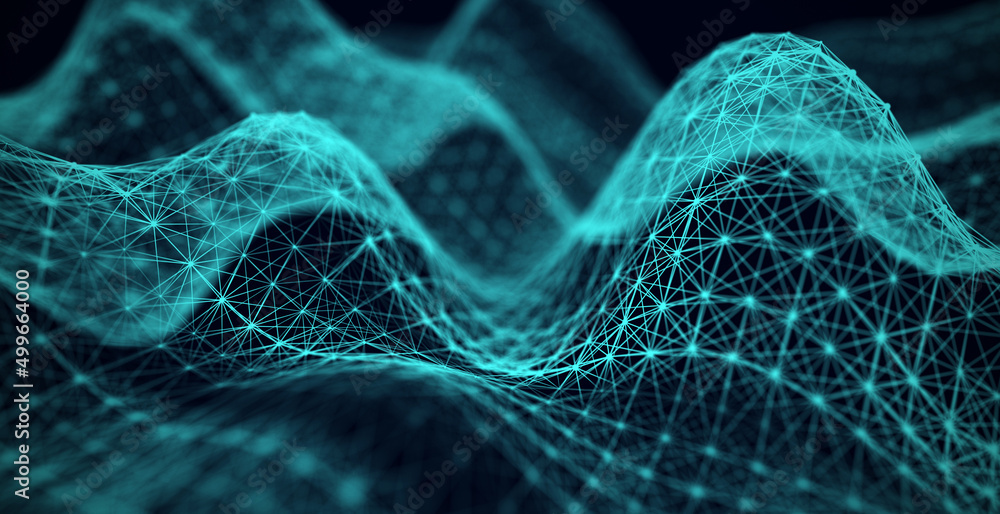 Poster Low poly shape with connecting dots and lines on dark purple background. Abstract polygonal space, dark background with connecting dots and lines. 3d rendering. Big data visualization.