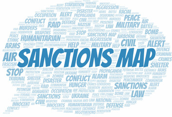 Obraz premium Sanctions Map word cloud. Vector made with the text only.