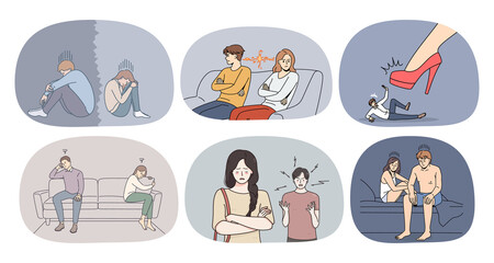 Set of distressed unhappy couple suffer relationships problems. Collection of man and woman feel upset think of divorce or breakup. Relation trouble concept. Split. Vector illustration. 