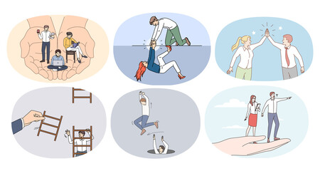 Fototapeta premium Set of diverse people in different life situations help each other. Collection of colleague or coworkers give helping hand to close. Teamwork and support. Cooperation. Vector illustration. 