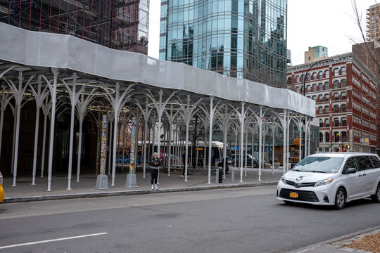 Modern Scaffolding Protection On Side Walk In East Village Manhattan