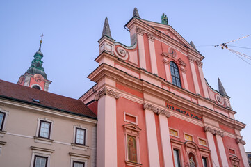 Fototapeta na wymiar Franciscan Church of the Annunciation next to the Preseren Square in Ljubljana