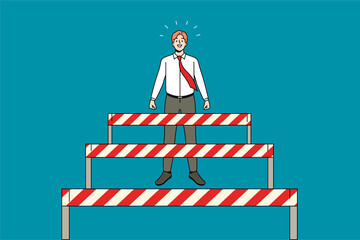 Businessman stand overcome obstacles on way to career or work success. Motivated happy man employee pass barriers to achievement. Challenge and accomplishment. Vector illustration.  - obrazy, fototapety, plakaty