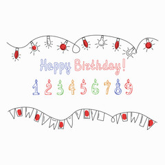 Flags and numbers with candles in doodle style. Happy birthday text, drawings, sketch. Holiday decorations. Vector illustration.