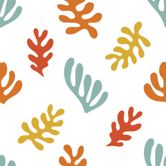 Fototapeta na wymiar Seamless pattern with abstract organic forms and plants. White background hand-drawn style colorful retro colors vector illustration algae