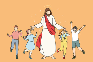 Smiling little kids dancing around Jesus Christ feeling joyful and excited. Jesus share love and care communicate with small children. Faith and religion. Flat vector illustration. 