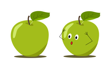 Green apple with kawaii eyes. Flat design vector illustration of apple on white background.