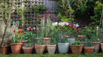 Variety of terracotta flower pots in spring in a suburban garden in Pinner, north west London, with flowers including  colourful tulips and lavender.