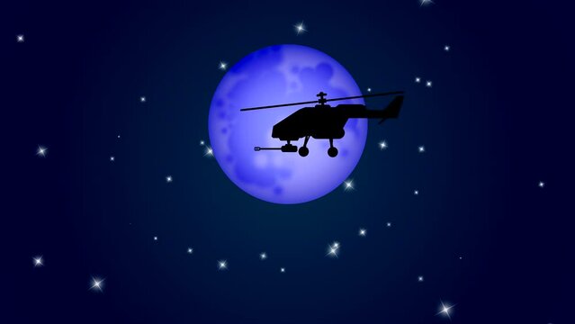 The silhouette of a helicopter with a gun flies and stops against the backdrop of a bright moon and a sky with stars. Abstract animation with drawn elements with a dark background and a bright planet.