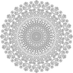 Round symmetrical pattern of abstract elements for a coloring book. Mandala of floral and plant fragments for relaxation.