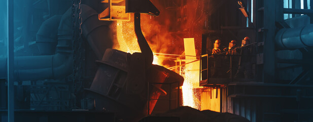 Metal pouring with sparks. Smelting of cast iron parts in foundry. Metallurgical plant or Steel...