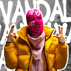 Contemporary art collage. Stylish man in pink balaclava isolated over gray background with white lettering - obrazy, fototapety, plakaty