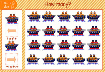 children's educational game, tasks. count how many objects will be put on the right and how many on the left. cars, tractor, ship, ambulance, fire truck, police car.