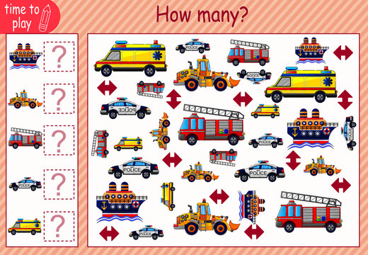 children's educational game, tasks. count how many objects are in the picture. cars, tractor, ship, ambulance, fire truck, police car.