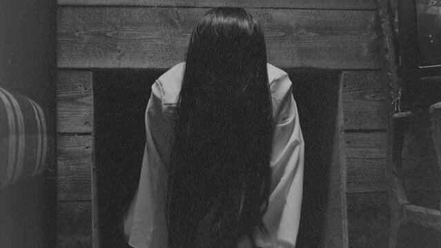Scary Ghost Woman Crawling or Walking In Horror Halloween Scene . Droning television inside dark empty room . Little girl in white sundress . The ring movie theme . Girl with long black hair. Close up
