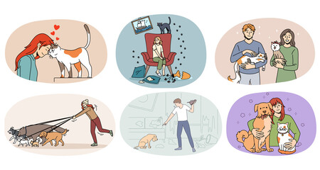 Set of diverse people with domestic animals show love and care. Collection of men and women with cats and dogs. Pets and little friends concept. Flat vector illustration. 