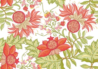 Foto op Canvas Decorative pomegranate fruits and flowers in art nouveau style, vintage, old, retro style. Seamless pattern, background. Vector illustration. © Elen  Lane