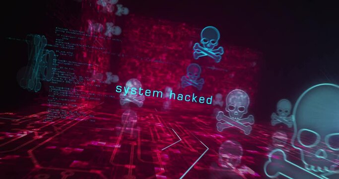 Skull pirate, online cyberattack, hack, threat and breach security symbol abstract cyber concept. Digital technology background seamless and loopable dynamic 3d animation.
