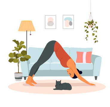 Fitness young woman in downward facing dog yoga pose in the living room. Vector cartoon flat style illustration