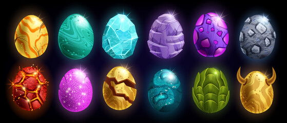 Dragon egg game icon set, UI alien space rock fairy easter collection, vector cartoon magic dino stone kit. Fire lava glossy dinosaur sphere, purple glitter marble ball. Fantastic dragon egg