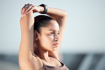 Fototapeta premium Be firm in your determination. Shot of a sporty young woman stretching her arms while exercising outdoors.