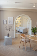 fashionable modern design luxury apartment in light colors. bright day behind huge windows. stylish decoration and no one inside.