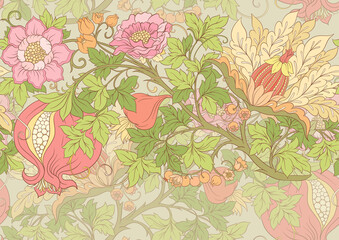 Fantasy flowers in retro, vintage, jacobean embroidery style. Seamless pattern, background. Vector illustration.