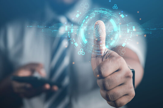 Business people use fingerprints to access personal financial information. cyber digital innovation technology security