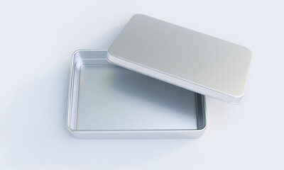 3D rendering of square shaped Tin box on white background. 