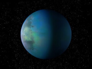 Twin Earth in starry space, amazing blue exoplanet, extrasolar planet with an atmosphere. 