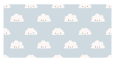 Cute Nursery Neutral Clouds Blue Sky Seamless Pattern Vector Illustration Hand-Drawn Kawaii Cartoon