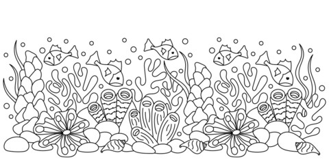 Underwater Marine coloring page. Vector border . Doodle of the sea world .