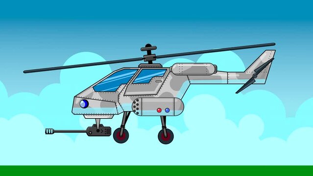 A military helicopter with a cannon flies in from a green field, removes the landing gear and flies against the background of a blue sky with clouds, lands. Looped animation with drawn objects.