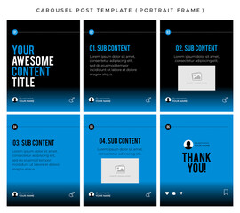 Carousel post template for social media. Microblog style, six page, portrait frame, modern simple minimalist style with black and sky blue color theme.