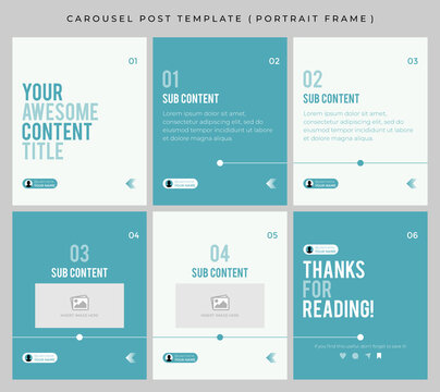 Carousel post template for social media. Microblog style, six page, portrait frame, modern simple minimalist style with turquoise color theme.