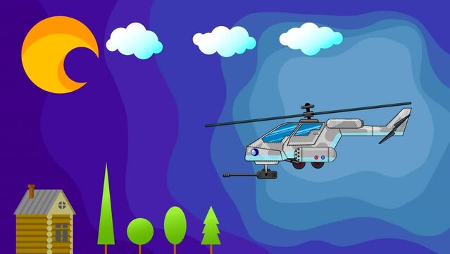 A military helicopter with a gun flies at night over trees and a house against a dark sky with clouds and the moon. Looped animation with drawn objects.