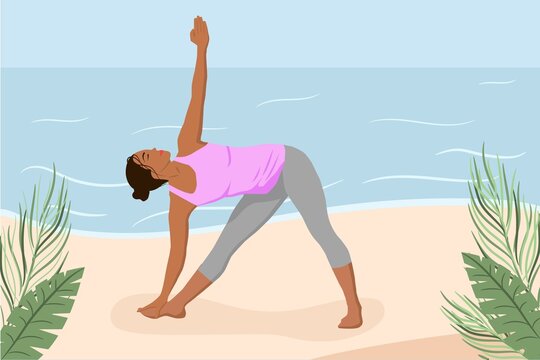 A dark-skinned woman does yoga
