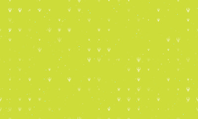 Seamless background pattern of evenly spaced white astrological neptune symbols of different sizes and opacity. Vector illustration on lime background with stars