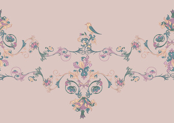 Floral vintage border line seamless pattern. Medieval illuminati manuscript inspiration. Design for wrapping paper, wallpaper, fabrics and fashion clothes. Vector illustration.